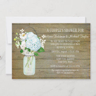 Couples Rustic Country Mason Jar Blue Hydrangeas Invitation