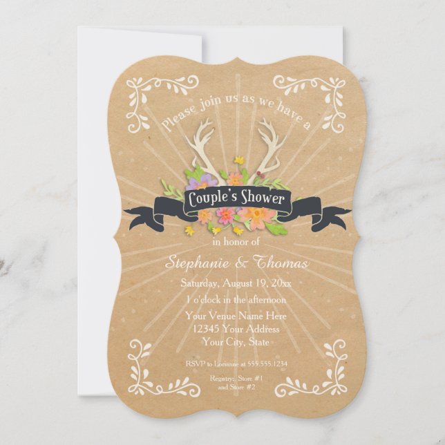 Couples Shower Antler Wildflower Starburst Rustic Invitation (Front)