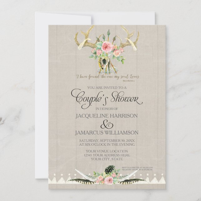 Couples Shower BOHO Feathers Deer Antler Roses Art Invitation (Front)