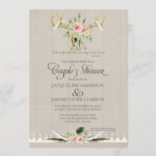 Couples Shower BOHO Feathers Deer Antler Roses Art Invitation