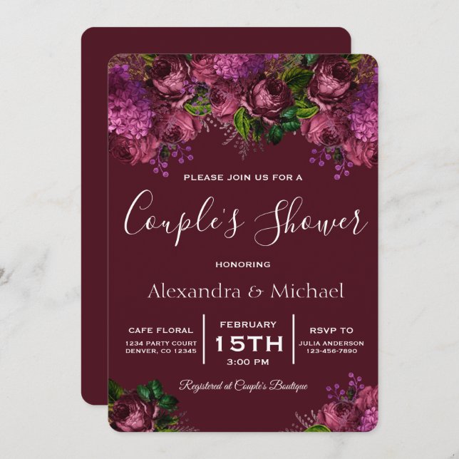 Couple's Shower Floral Marsala Burgundy Invitation (Front/Back)