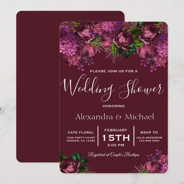 Couple's Shower Floral Marsala Burgundy Invitation (Front/Back)