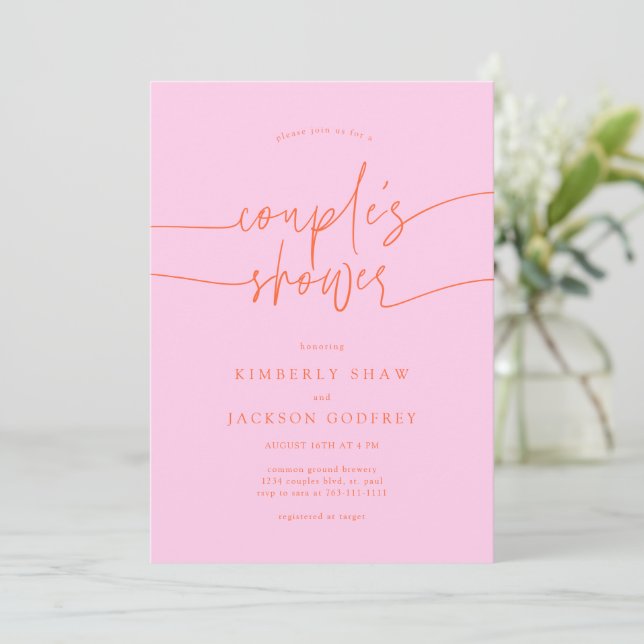 Couple's Shower Minimalist Script Pink Orange Invitation (Standing Front)