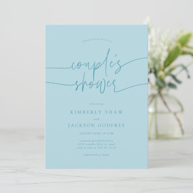 Couple's Shower Minimalist Script Turquoise Invitation (Standing Front)