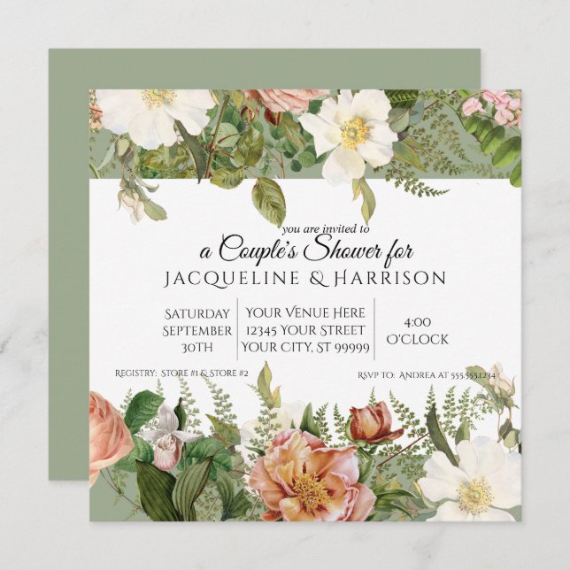 Couples Shower | Mint Sage Green Ivory Rose Floral Invitation (Front/Back)