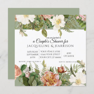 Couples Shower Mint Sage Green Ivory Rose Floral Invitation
