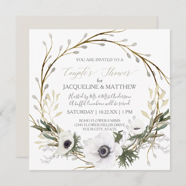 Couples Shower Modern Anemone Wreath w Eucalyptus Invitation (Front/Back)