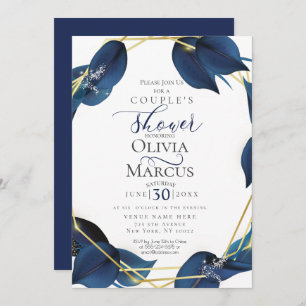 Couple's Shower Modern Deep Indigo Blue and Gold Invitation