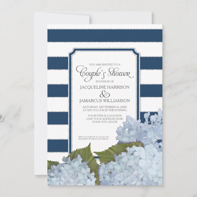 Couples Shower Navy Blue Hydrangea Script Art Deco Invitation (Front)