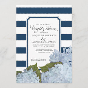Couples Shower Navy Blue Hydrangea Script Art Deco Invitation