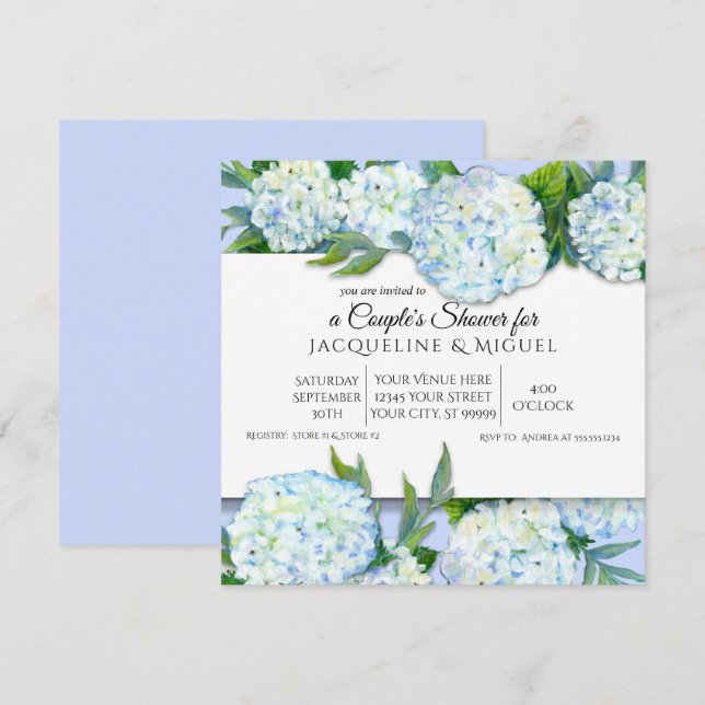 Couples Shower Periwinkle n White Hydrangea Floral Invitation (Front/Back)