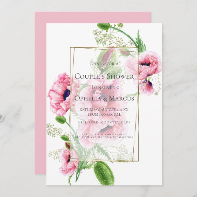 COUPLE'S SHOWER | Pink Poppy Bouquet Invitation (Front/Back)