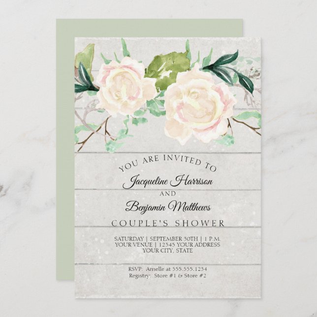 Couples Shower Rustic Wood Watercolor Ivory Roses Invitation (Front/Back)