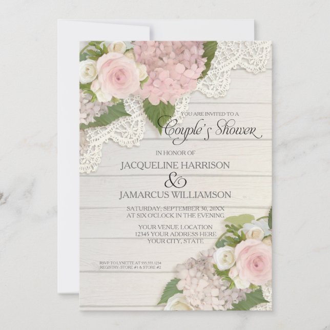 Couples Shower Script Typography Pink Hydrangeas Invitation (Front)