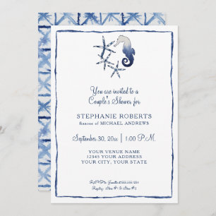 Couples Shower Shibori Seahorse Starfish Beach Art Invitation
