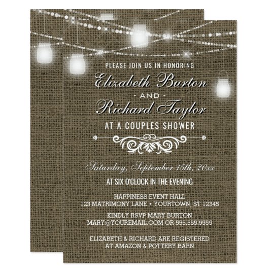 Couples Shower String Lights Rustic Country Burlap Card