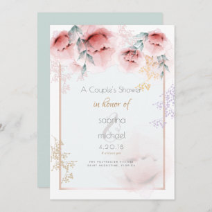 Couple's Shower Trendy Coral Aquarelle Peonies Invitation