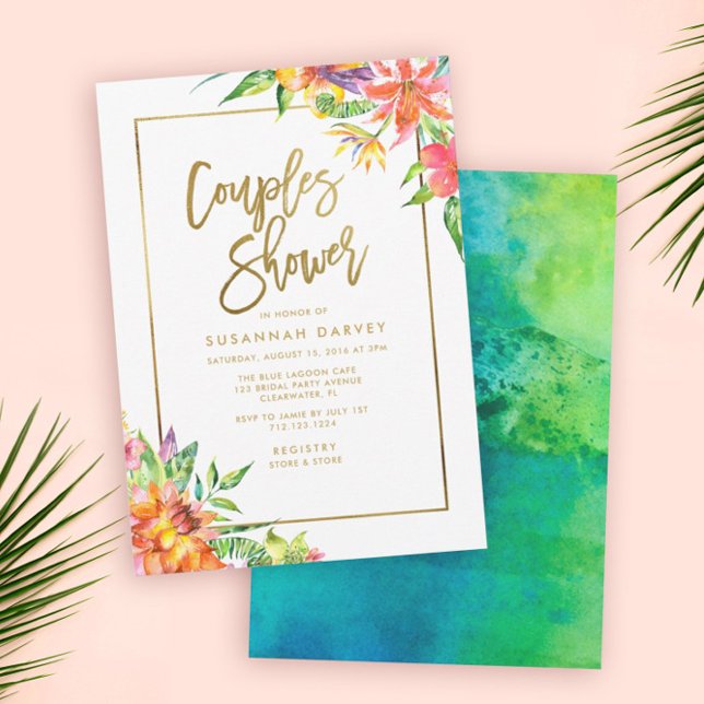 Couples Shower | Tropical Watercolor Gold Script Invitation (Creator Uploaded)