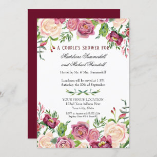 Couples Shower Watercolor Burgundy Floral Roses Invitation