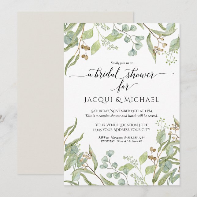 Couples Shower Watercolor Eucalyptus Leaf Foliage Invitation (Front/Back)