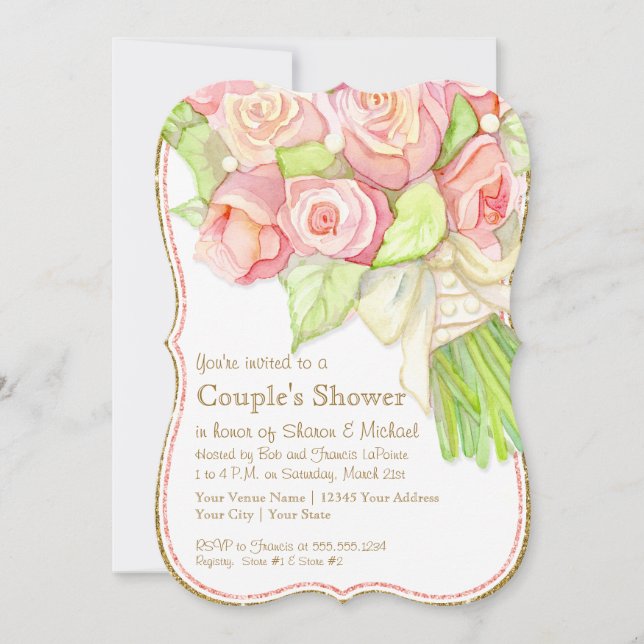 Couples Shower Watercolor Rose Bouquet Pearls Invitation (Front)