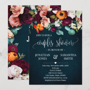 Couples Shower Wine Burgundy Flowers Navy Wedding Invitation