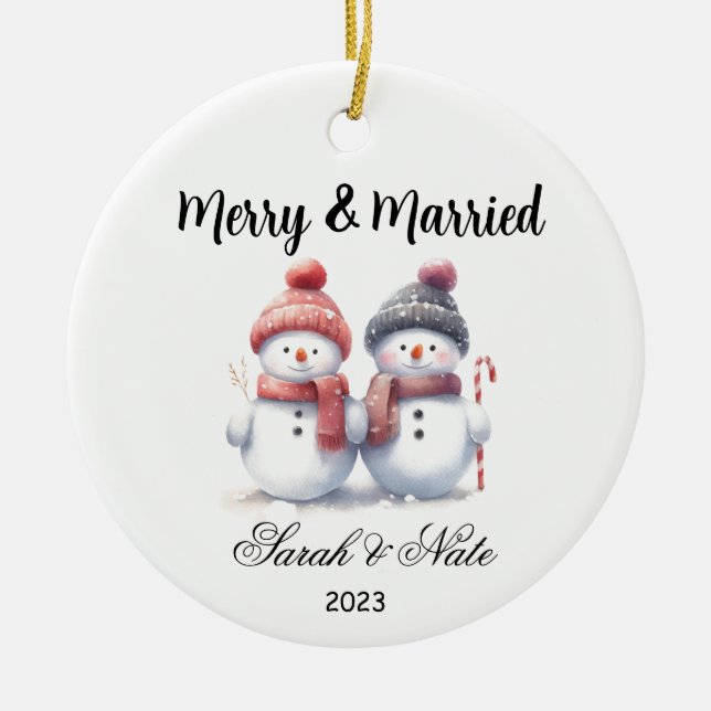Couples Snowman Merry & Married Wedding Ceramic Ornament (Front)