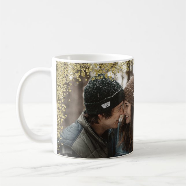 Couples Sweetheart Gold Glitter Photo with Names Coffee Mug (Left)