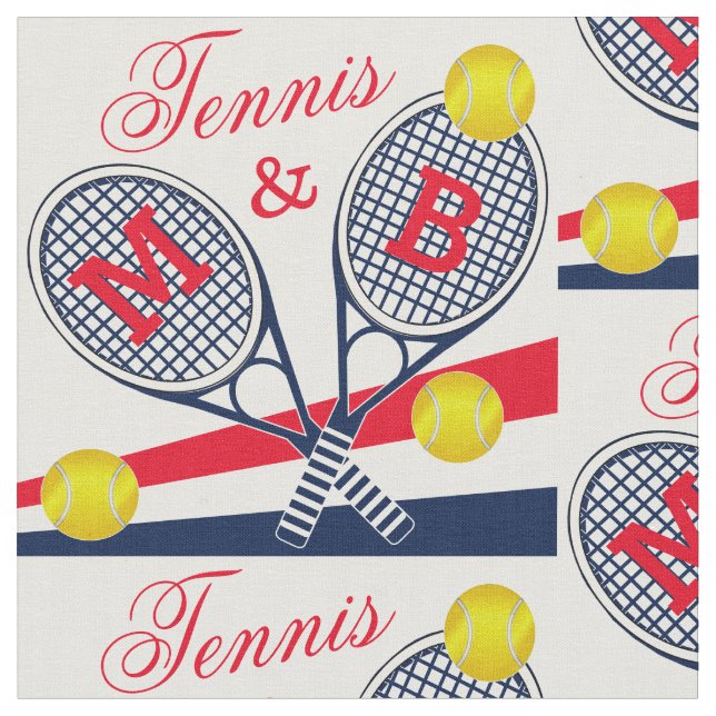 Couples Tennis Rackets and Balls Monogram Stripes Fabric (Close Up)