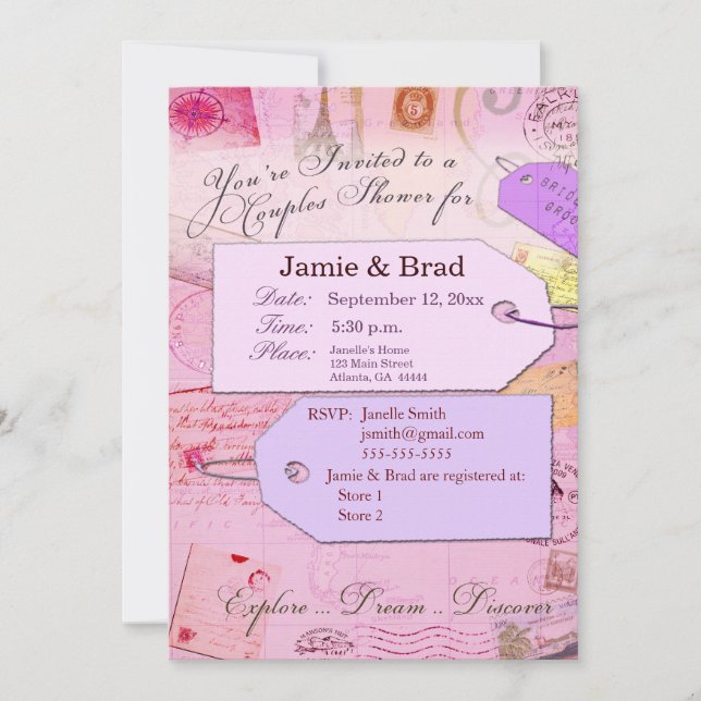 Couples Travel Shower theme in pink and purple Invitation (Front)