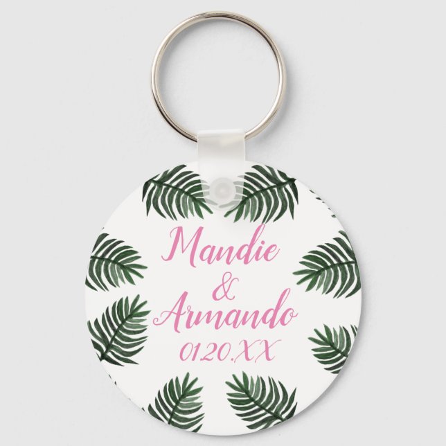 Couples Tropical Greenery Wedding Date Key Ring (Front)
