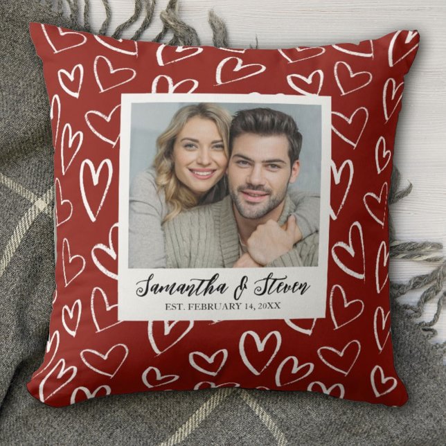 Couples Valentine Heart Photo Cushion (A romantic Valentines Day keepsake pillow. Personalize it with your name, photo and established date)