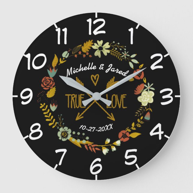 Couples Wedding Anniversary Autumn Floral Wreath Large Clock (Front)