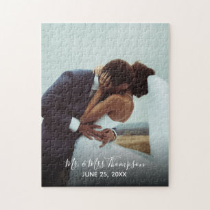 Couples Wedding Photo Mr Mrs Signature Script DIY Jigsaw Puzzle