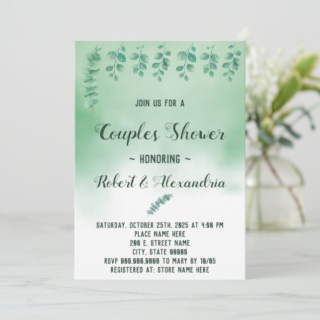Couples Wedding Shower Greenery Eucalyptus Invitation (Standing Front)