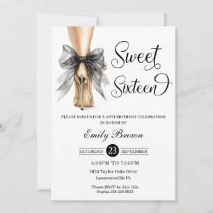 Couquette Black Ribbon Bow Fashion Heels Sweet 16  Invitation