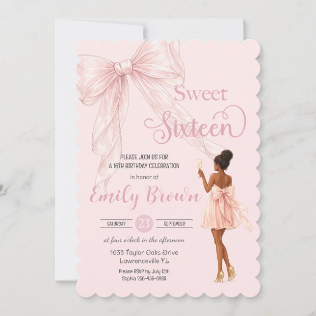 Couquette Blush Bow Brown Fashion Girl Sweet 16 Invitation (Front)