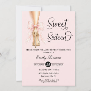 Couquette Pink Ribbon Bow Fashion Heels Sweet 16  Invitation