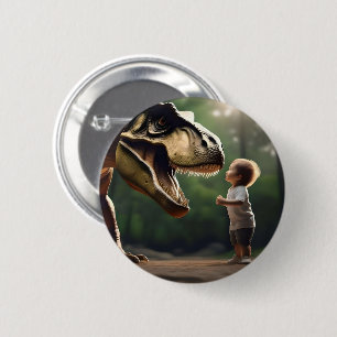 **"Courage Unleashed: A Small Boy Faces the T-Rex" 6 Cm Round Badge