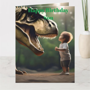 **"Courage Unleashed: A Small Boy Faces the T-Rex" Card