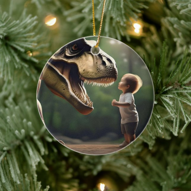 **"Courage Unleashed: A Small Boy Faces the T-Rex" Ceramic Ornament (Tree)