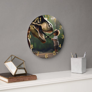 **"Courage Unleashed: A Small Boy Faces the T-Rex" Large Clock