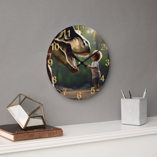 **"Courage Unleashed: A Small Boy Faces the T-Rex" Large Clock (Office)