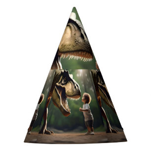 **"Courage Unleashed: A Small Boy Faces the T-Rex" Party Hat