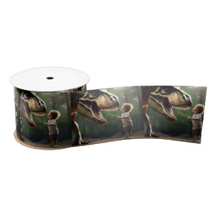 **"Courage Unleashed: A Small Boy Faces the T-Rex" Satin Ribbon