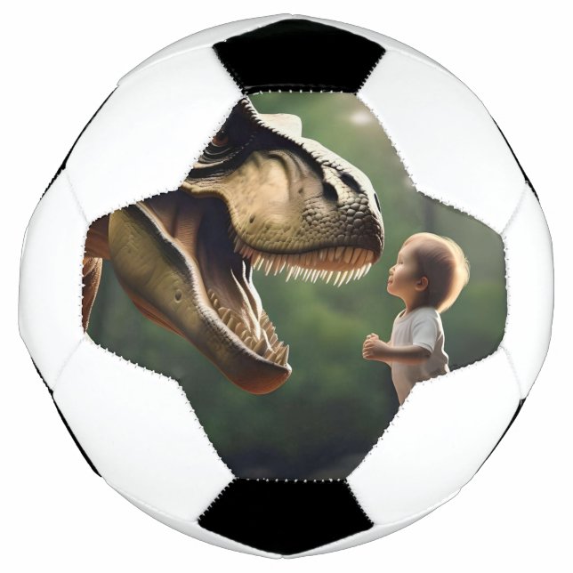 **"Courage Unleashed: A Small Boy Faces the T-Rex" Soccer Ball (Front)