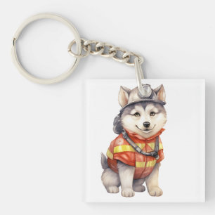 Courageous Firefighter Siberian Husky Dog Honourin Key Ring