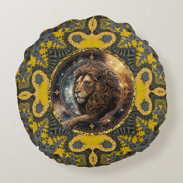 Courageous Leo Zodiac Gold Yellow Fractal Mandala Round Cushion (Back)