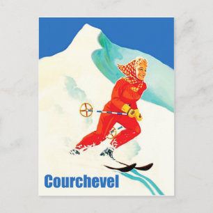 Courchevel, woman on ski track, France, Vintage Postcard