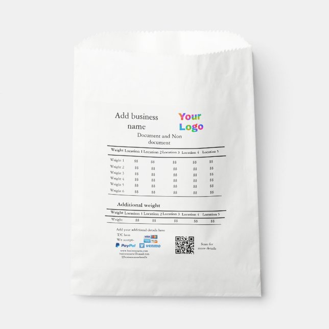 Courier delivery company details add price weight  favour bag (Front)
